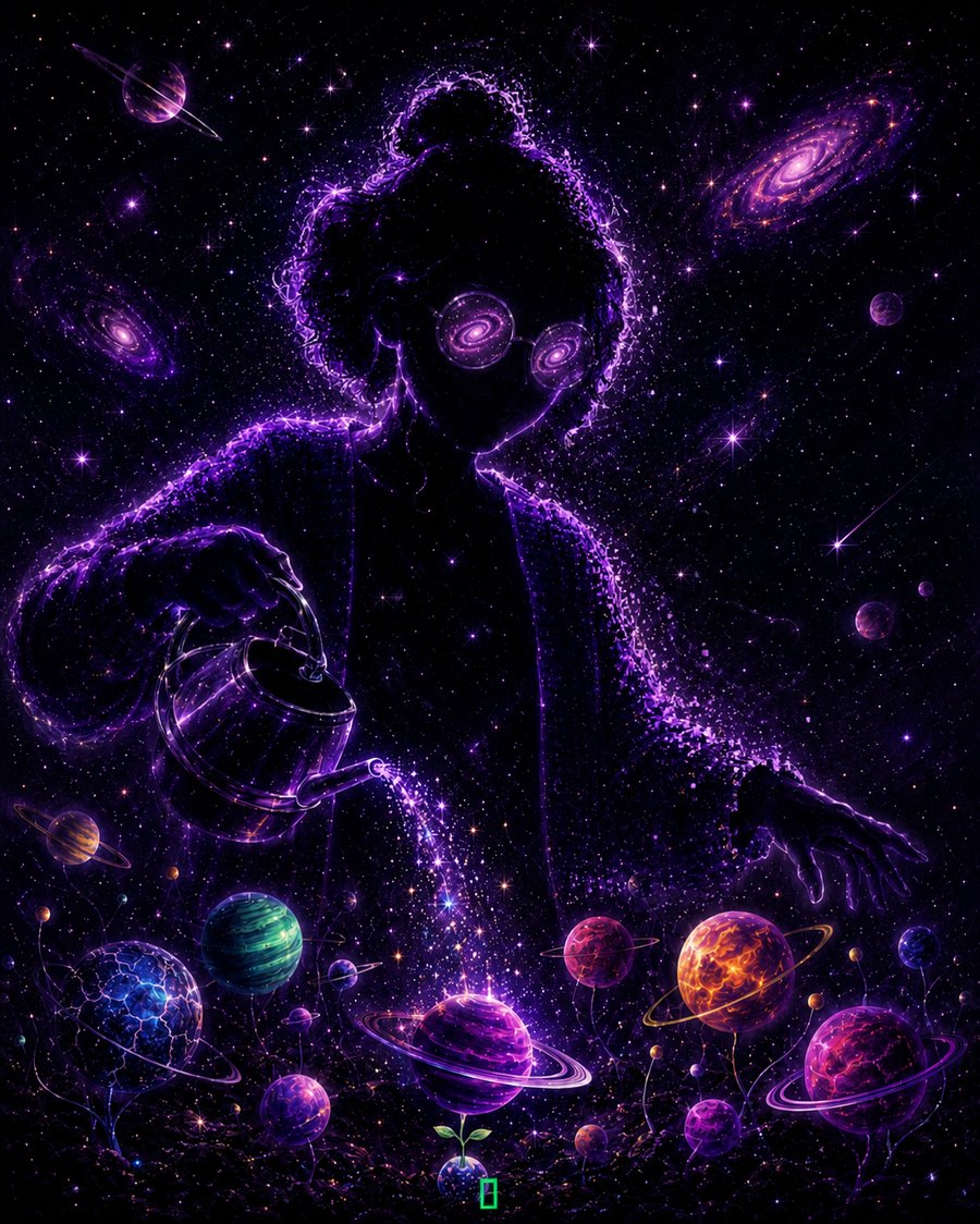 A person-shaped silhouette made of dark matter, wearing a cardigan of starlight and round glasses that reflect two spiral galaxies, watering a garden of planets with a can that pours stars. One planet is still sprouting.